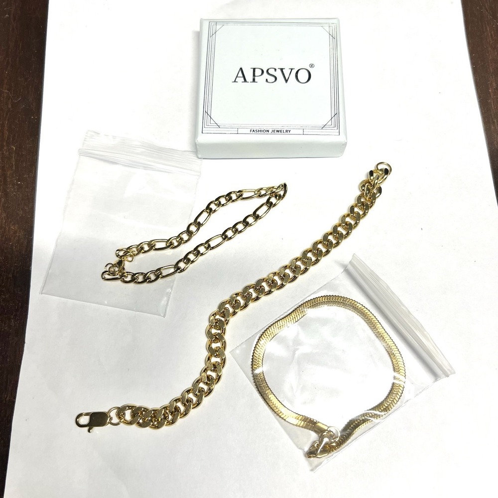 APSVO 18K Gold Plated S925 Bracelet Set Figaro & Herringbone Chains 8"‎